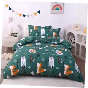 Green Forest Animal Kids Duvet Cover Set Queen Size, 3 Piece Soft Printed - Picture 1 of 7