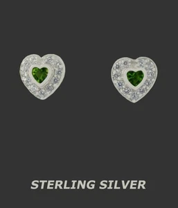 LAB CREATED PERIDOT & WHITE SAPPHIRE HEART STUD EARRINGS .925 Silver - NWT - Picture 1 of 4