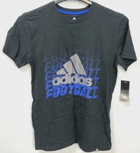 Adidas Black "Football" T-Shirt Youth Boys Size Large (14/16) Blue Silver Logo - Picture 1 of 9
