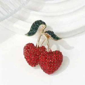 Red Heart Cherries Brooches for Women Fashion Crystal Rhinestone Metal Pins - Picture 1 of 5
