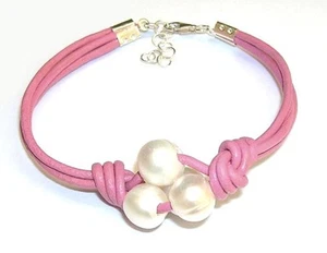 Bracelet Silver Sterling 925, 4 Pearls Cultivated 0 3/8in and Leather Pink Mod - Picture 1 of 2