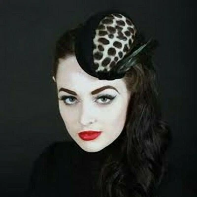 Sakura Vintage Desg.retro' Hat Fascinator Wool Felt Leopard Print Capon Feathers - Image 1 of 4