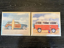 VW & Woody w/ Surf Boards, 11”x9” Prints on Wood by M Wiscombe, Preowned, VG++