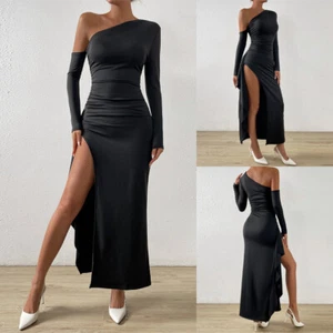 Damen Sexy Bodyconkleid Schulterfrei Kleid Schlitz Wickelkleid Langarm Midikleid - Bild 1 von 22