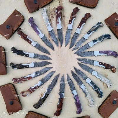 LOT of 20 pcs Damascus Steel Hunting Folding knife, Pocket Knives w/ Sheath(BKC)