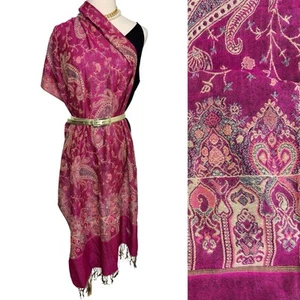 Pashmina cashmere + silk paisley floral scarf wrap magenta gold 27 x 72" - Picture 1 of 9