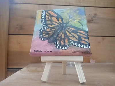 Pintura Acrílica Original Mariposa Sobre Lienzo Pintado a Mano Arte Decoración Escritorio 4X4 Foto 1 de 4