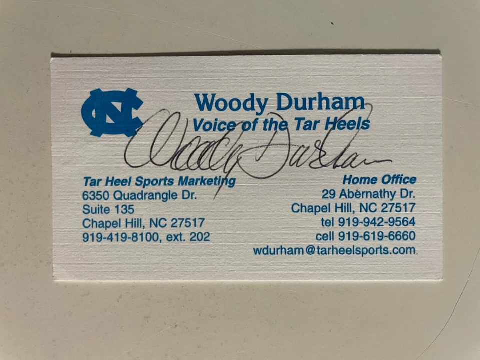WOODY DURHAM autograph NORTH CAROLINA  TAR HEELS Voice 1971-2011 business card - Image 1 of 1