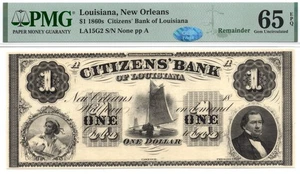 1860s $1 Citizens Bank of Louisiana, New Orleans Obsolete Note - PMG 65 EPQ! GEM - Bild 1 von 3