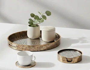 Luxury Kitchen Home Serving Drinks Candle Coffee Table Round Tray & Coasters Set - Picture 1 of 12