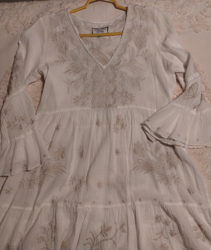 OFF WHITE Abito donna JOHNNY WAS WORKSHOP bianco sporco abbronzatura floreale uccellino pavone ricamato S