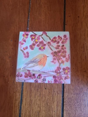 NEW Small Wood Framed Canvas Print Robin & Cherry Tree 4" x 4" x 1.5" - Image 1 of 4