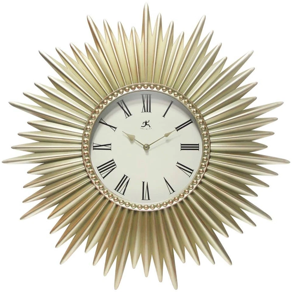 Wall Clock 24 in. Light Gold Plastic Frame Case Sunburst Design Silent Movement - Image 1 of 4