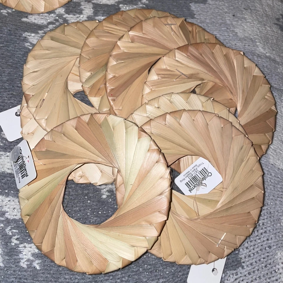 Crate & Barrel Napkin Rings Tropic Palm Natural lot 8 Handmade raffia NEW - Image 1 of 4