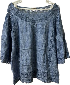 Democracy blau Häkelspitze Top Bluse Damen M Baumwolle Lagan Beachy Boho Chic - Bild 1 von 10