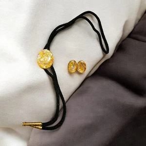 Vintage Lucite Foil Bolo Tie & Clip On Earring Set Gold Tone Estate Southwestern - Picture 1 of 11