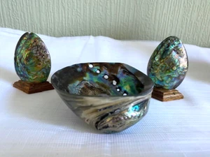 Vintage Paua Shell Salt & Pepper Shakers & Bowl - Picture 1 of 5