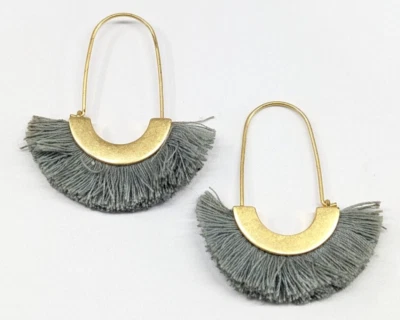 Madewell Gold Tone Cotton Grey Fringe Half Hoop Statement Pierced Earrings - Image 1 of 4