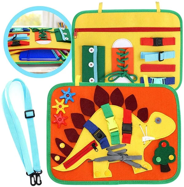 Tablero ocupado juguetes Montessori para niños pequeños, tablero de actividad sensorial de dinosaurios Foto 1 de 4