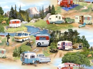 Elizabeth's Studio ~ Real Small Vintage Campers ~ 100% Cotton Quilt Fabric BTY - Picture 1 of 2