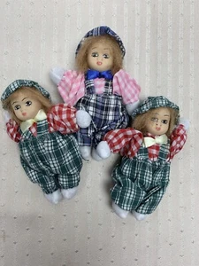 3-vintage Sand Filled Dolls Girls Bonnets Gingham Porcelain Faces - Picture 1 of 7