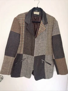 Vintage Casual Corner Blazer Jacket Womens 14 Brown Patchwork Herringbone Wool - Bild 1 von 14