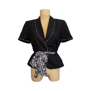 Blazer Tahari Mujer Mezcla Lino Manga Corta Azul Seda Cinturón Talla 10 - Imagen 1 de 5