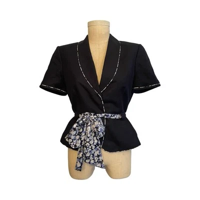 Tahari Womens Linen Blend Short Sleeve Blazer Blue Silk Belt Size 10 - Image 1 of 4