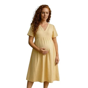 A:glow Maternity Midi Dress Sz Small Yellow Rayon Slight Puffy Sleeves Loose Fit - Picture 1 of 9