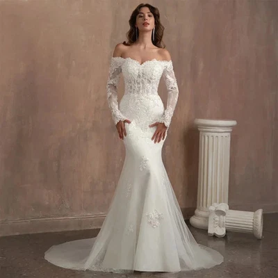 Off Shoulder Mermaid Wedding Dresses Long Sleeves Lace Appliques Bridal Gowns - Image 1 of 4