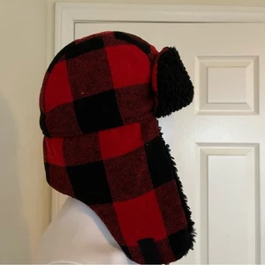Unisex kariert rot & schwarz Sherpa Wolle Baumwollmischung Trapper warme Mütze Einheitsgröße - Bild 1 von 5