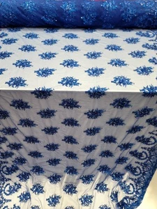 Royal Blue Beaded Lace fabric 50” W Sold By The Yard Scalloped Floral Embroidery - Picture 1 of 11