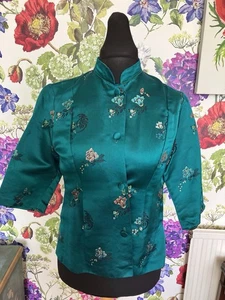 Vintage chinese silk/satin embroidered jacket jade green 10/12 - Picture 1 of 12
