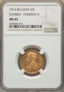 BELGIUM , GOLD 20 FRANCS 1914 POSITION A - FLEMISH - NGC MS 65 ,,, RARE8 - Picture 1 of 2