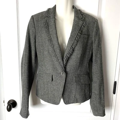 Chaqueta Blazer Banana Republic Tweed Mezcla Lana Borde con Volantes Gris Talla Para Mujer 10 Foto 1 de 4