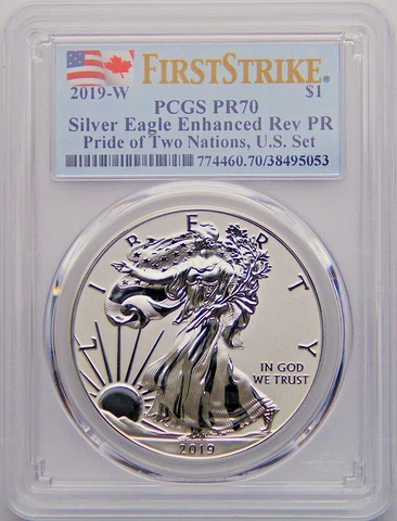 2019 W $1 Enhance Reverse Proof Silver Eagle PCGS PR70 FS Pride of Two Nations Cover