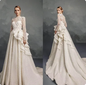 Modern A Line Wedding Dress 3D Appliques Sequins O Neck Long Sleeve Bride Gowns - Picture 1 of 9