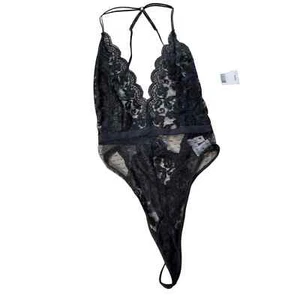IN BLOOM BY JONQUIL Plunge Neck Lace Thong Teddy in Black - NWT- Size Small - Picture 1 of 9