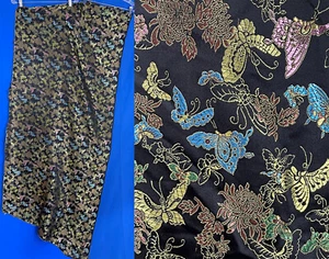 Vintage Chinese Black Silk JewelTone Damask Weave Butterfly Brocade Dress Fabric - Picture 1 of 2
