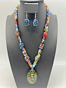 Vintage Murano Millefiori Art Glass Bead Necklace Pendant & Earring Set - Picture 1 of 12