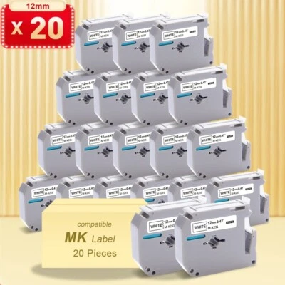 Paquete de 20 cintas de etiquetas para Brother P-Touch eqv M231 M-K231 MK231 negro/blanco 1/2" Foto 1 de 4