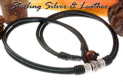 Nuevo collar gargantilla de plata de ley y cuero para hombre 1N-412 Foto 1 de 4