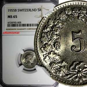 SWITZERLAND Copper-Nickel 1955 B 5 Rappen NGC MS65 HELVETICA KM# 26 (005) - Picture 1 of 4