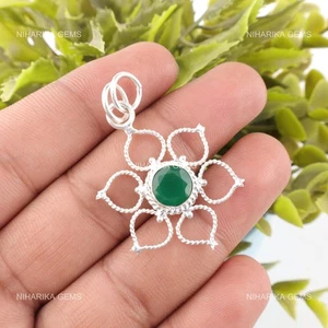 Colgante De Joyería Boho Art Deco De Ónix Verde Facetado De Plata Esterlina - Imagen 1 de 9