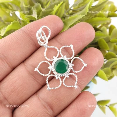 Argento Sterling Rotondo Sfaccettato Verde Onice Gemma Boho Art Déco Pendente - Immagine 1 di 4