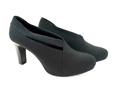 Zapatos de salón Eileen Fisher 8 cono tacones tela negra superior cuero forrado cápsula oficina Foto 1 de 4