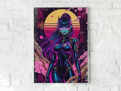 Cyberpunk Girl Wall Print, Futuristic anime poster, Neon Sci-Fi - Image 1 of 4
