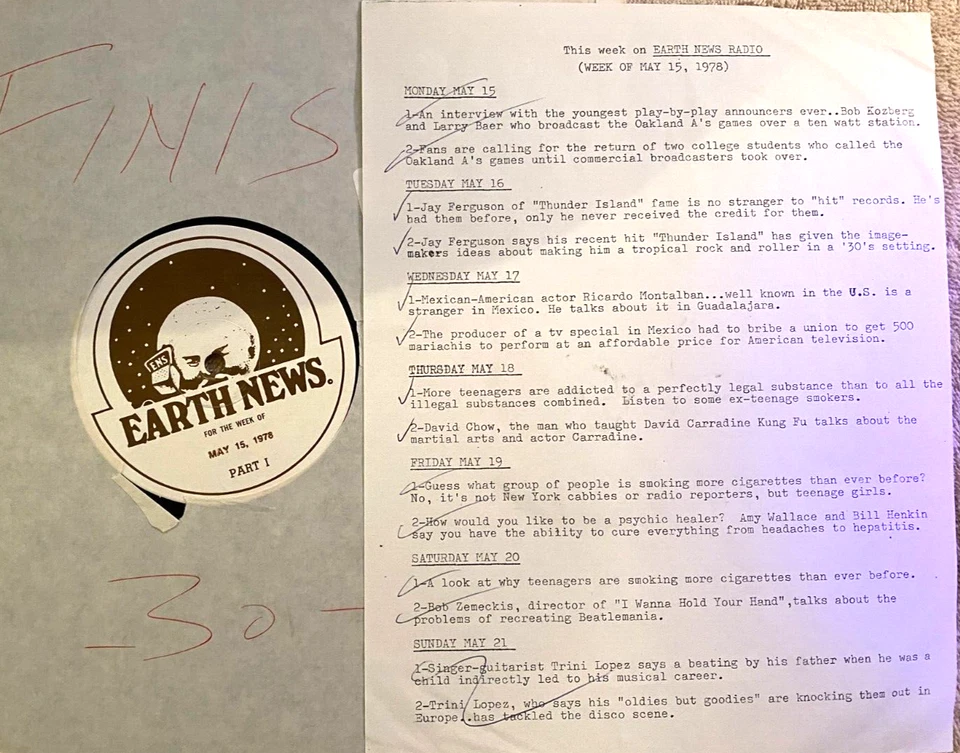 5/15/78 EARTH NEWS RADIO FEATURES TRINI LOPEZ, JAY FERGUSON, BOB ZEMECKIS - Image 1 of 1
