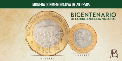 LOT OF 5 MEXICO 20 PESOS COIN MONEDAS 2021 BICENTENARIO INDEPENDENCIA NACIONAL  - Image 1 of 4
