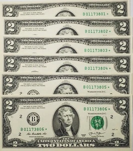 2013 6 Federal Reserve Star Notes Two Dollars B01173801* - B01173806* $2 - Picture 1 of 4